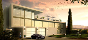 3D Bürogebäude im Sonnenuntergang